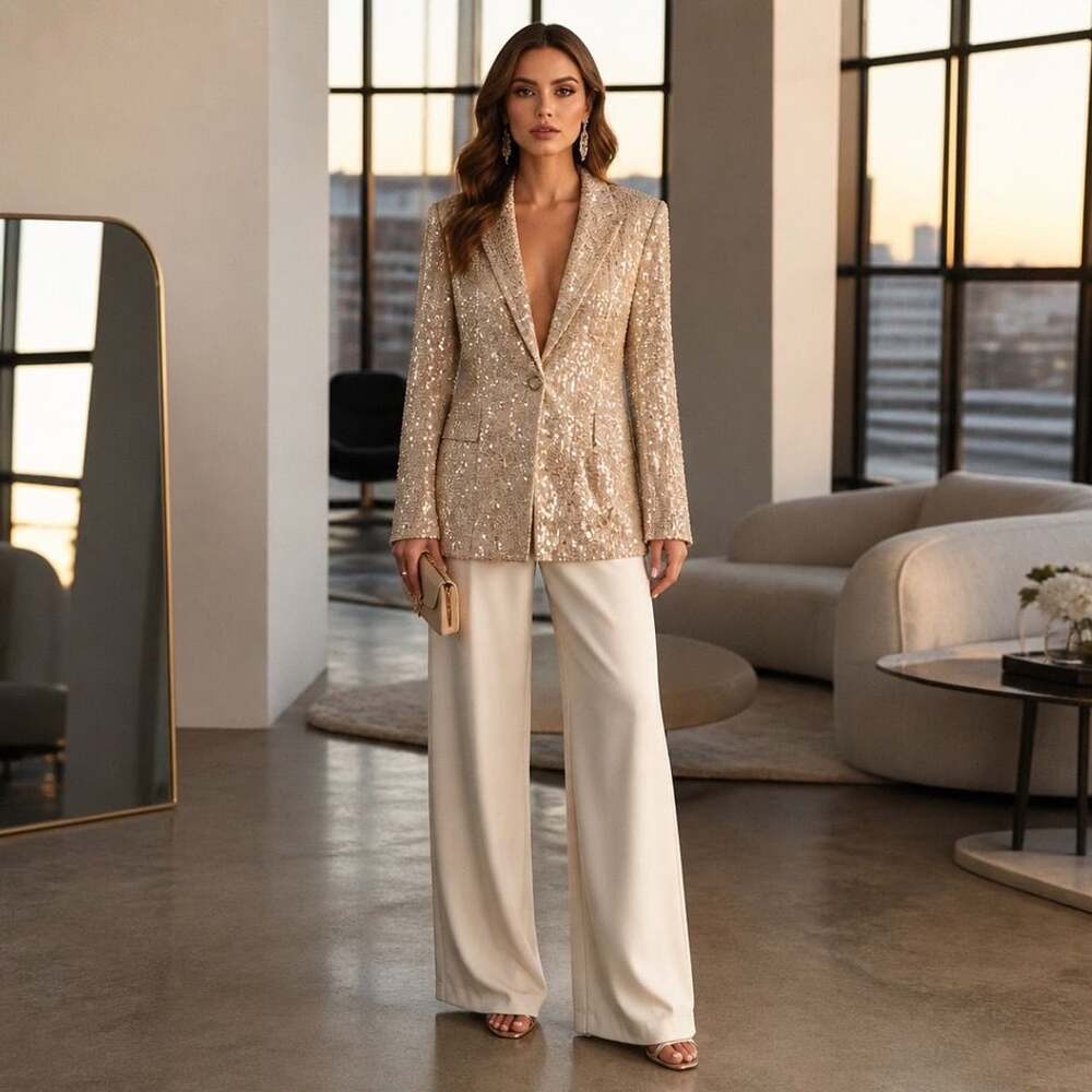 Sugarlips Champagne Sequin Long Sleeve Blazer Jacket